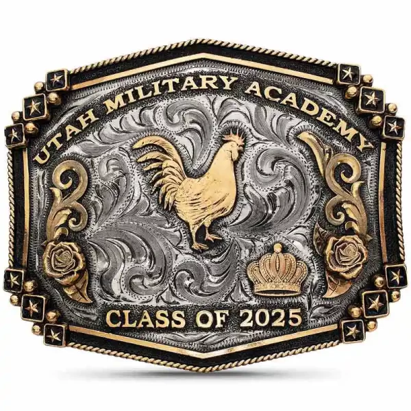 A custom graduation belt buckle for Cypress Woods High School with mutiple personalized figures, logos and roses
